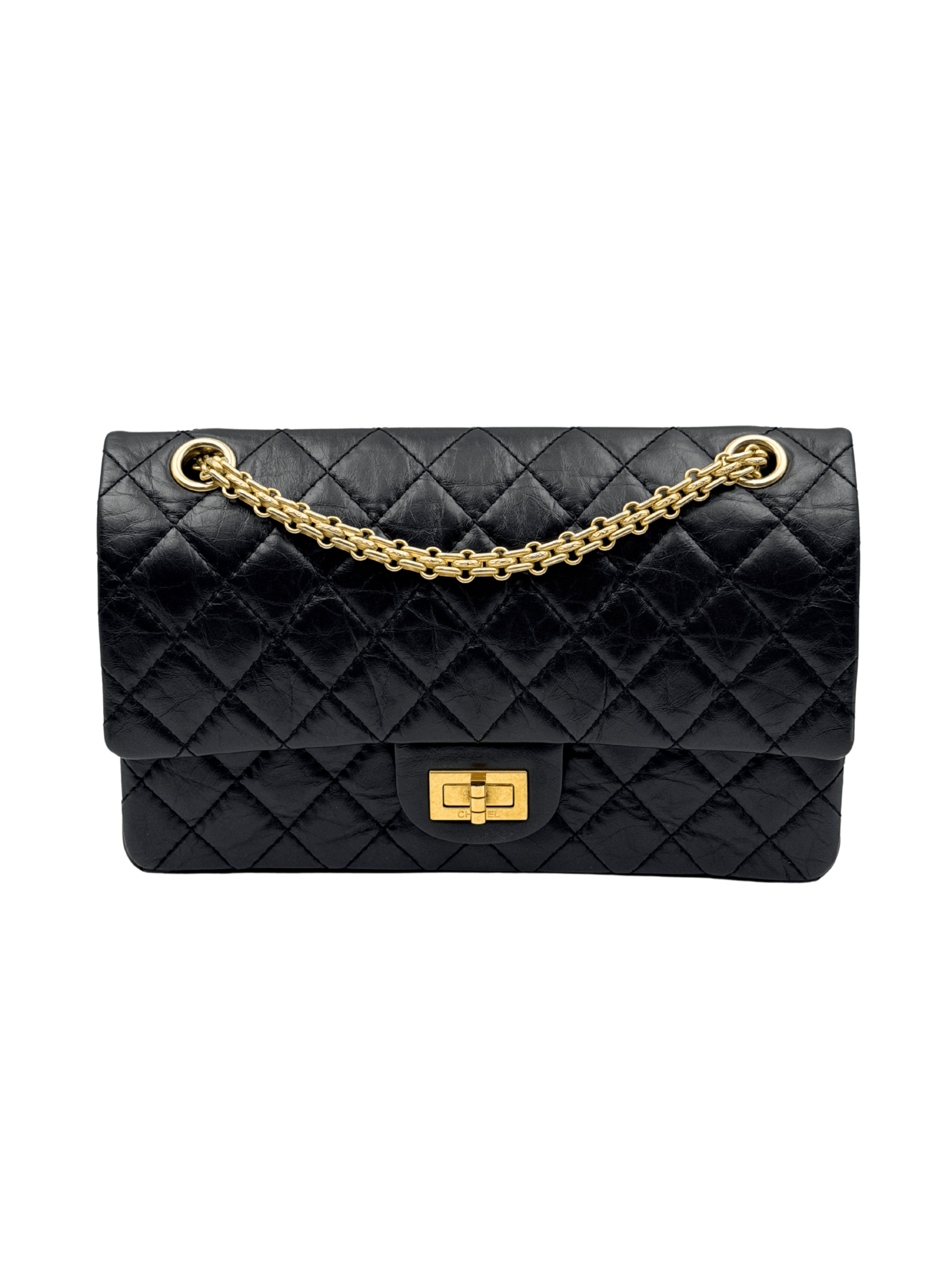 CHANEL 2.55 HAND BAG AGES CALFSKIN BLACK GHW