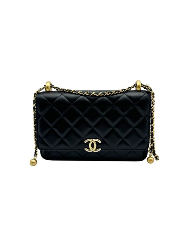 CHANEL BLACK QUILTED WALLET ON CHAIN BRUSHED (DOUBLE PEARL ADJUSTOR)